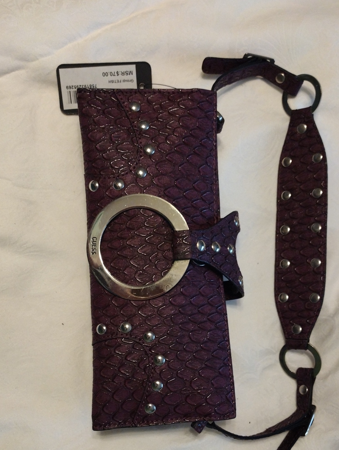 Guess Deep Purple Textured Clutch With Silver Ring Accent